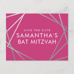 Cartão Postal De Anúncio Rosa e Prata Moderno Save the Date de Bat Mitzvah