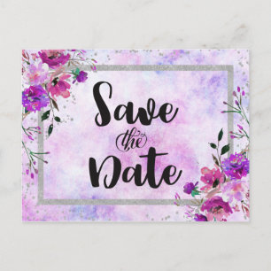 Cartão Postal De Anúncio Rosa Floral & Moldura de Prata Casamento Save the 