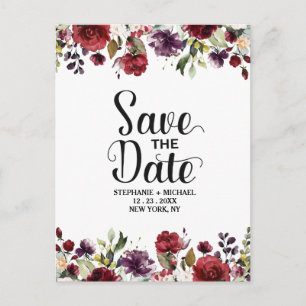 Cartão Postal De Anúncio Rosa Floral Românico Vermelho Borgonha Romântico