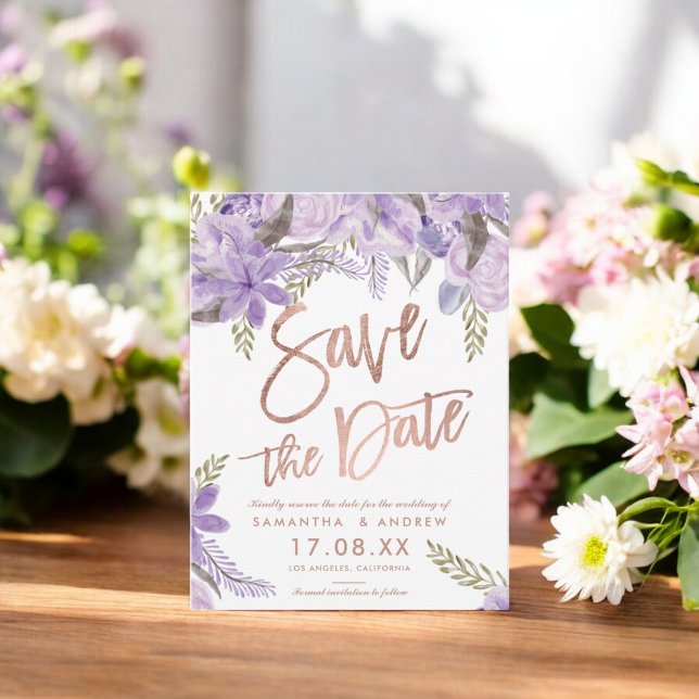 Cartão Postal De Anúncio Rosa gold script Floral lavanda salvar data (Rose gold script Floral lavender save the date Announcement Postcard)