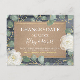 Cartão Postal De Anúncio Rosa Greenery Wood Rustic Wedding Alterar a Data