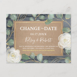Cartão Postal De Anúncio Rosa Greenery Wood Rustic Wedding Alterar a Data