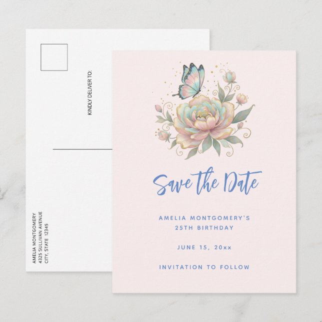 Cartão Postal De Anúncio Rosa Mágica e Borboleta Cores Pastel (Frente/Verso)