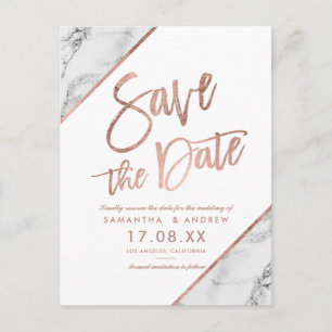 Cartão Postal De Anúncio Rosa mármore dourado script branco salvar a data