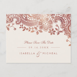 Cartão Postal De Anúncio Rosa ouro elegante renda casamento salvar a data