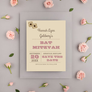 Cartão Postal De Anúncio Rosa Rustic Dourado Bat Mitzvah Guarde a Data