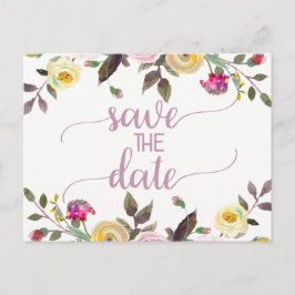 Cartão Postal De Anúncio Rosa Watercolor Floral Wedding Salvar Data