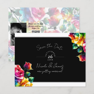 Cartão Postal De Anúncio Rosas Arco-íris Preto e Branco Floral Salve a Data