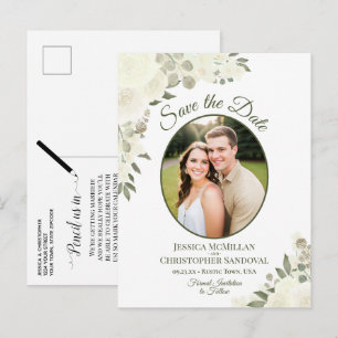 Cartão Postal De Anúncio Rosas Brancas de Marfim Foto Oval Casamento Salve