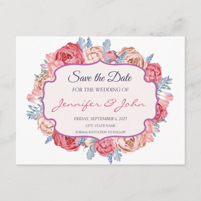 Cartão Postal De Anúncio Rosas Cor-de-Rosa em Aquarela Casamento Chic Salve (Frente)