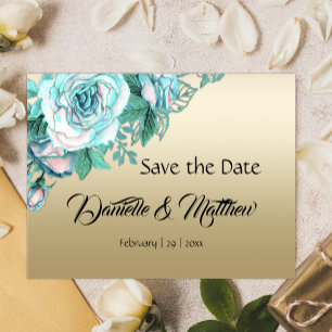 Cartão Postal De Anúncio Rosas de Teal no Casamento Dourado Salvar a Data