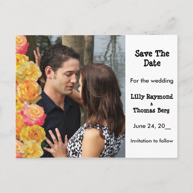 Cartão Postal De Anúncio Rosas Rosa e Amarelo Salva a data (Frente)