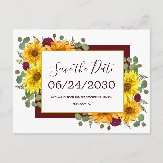Cartão Postal De Anúncio Rosas vermelhas Rustic Sunflower Casamento Salvar  (Frente)