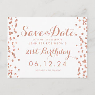Cartão Postal De Anúncio Rose Gold Aniversário de 21 anos Save The Date Con