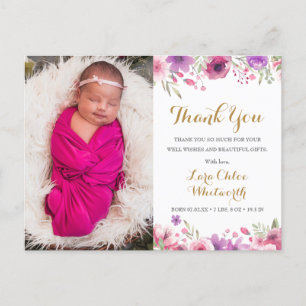 Cartão Postal De Anúncio Roteiro de Fotos de Bebê Menina Obrigado Floral Na