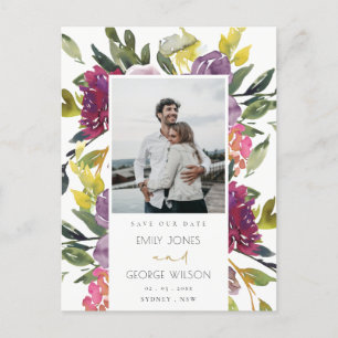CARTÃO POSTAL DE ANÚNCIO ROXO BORDO ROSA VERDE FLORAL SALVE A DATA