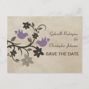 Cartão Postal De Anúncio Roxo Floral Lovebird Salve o Cartão-Postal de Data
