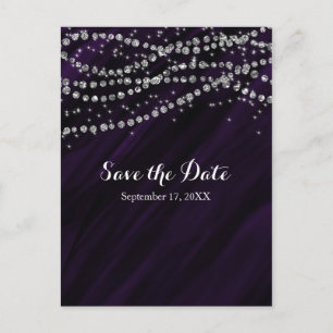 Cartão Postal De Anúncio Roxo & Prata Diamante Falso Brilho Save The Date