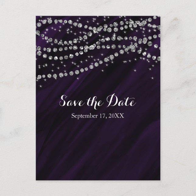 Cartão Postal De Anúncio Roxo & Prata Diamante Falso Brilho Save The Date (Frente)