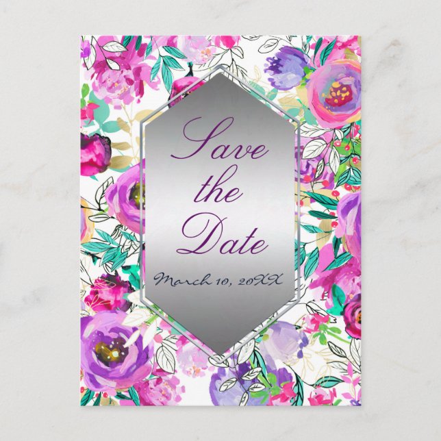 Cartão Postal De Anúncio Roxo Rosa Moderno Save the Date Floral Casamento (Frente)