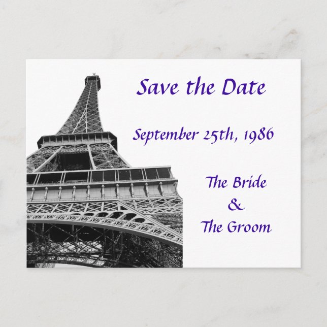Cartão Postal De Anúncio Roxo Salve a data Torre Eiffel (Frente)