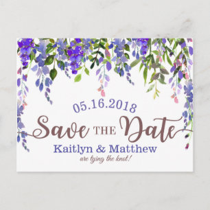 Cartão Postal De Anúncio Roxo Save the Date Floral de Wisteria