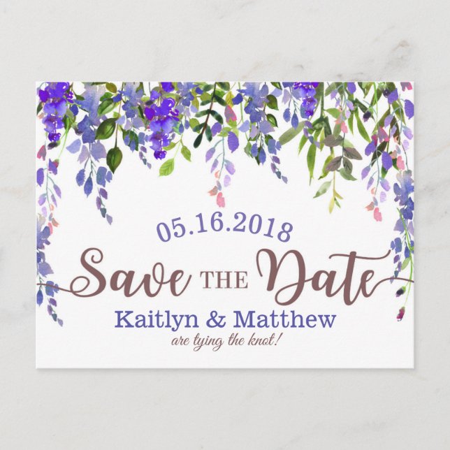 Cartão Postal De Anúncio Roxo Save the Date Floral de Wisteria (Frente)