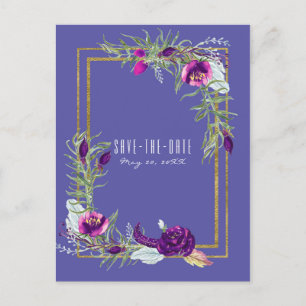 Cartão Postal De Anúncio Roxo Ultra Violeta e Dourado Floral Save the Date