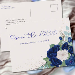 Cartão Postal De Anúncio Royal Blue e Ivory Rosa Floral Salvar a Data