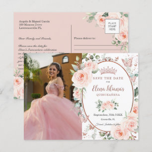 Cartão Postal De Anúncio Rubor Floral Rosa Dourado Borboletas Quinceañera
