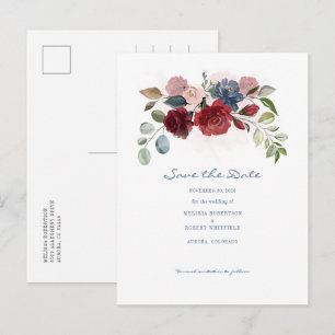 Cartão Postal De Anúncio Russo Floral Moderno Burgundy Salve A Data