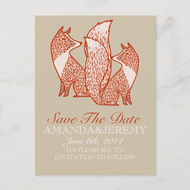 Cartão Postal De Anúncio Rust Red e Ivory Foxes Save Date (Frente)