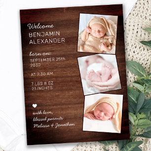 Cartão Postal De Anúncio Rustic 3 Photo New Baby Country Wood Birth