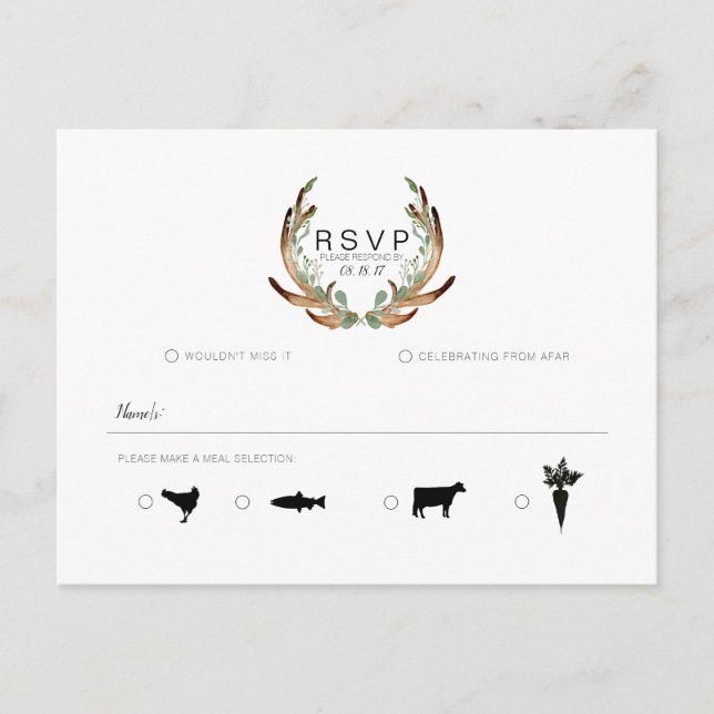 Cartão Postal De Anúncio Rustic Antler & Greenery Watercolor | RSVP (Frente)