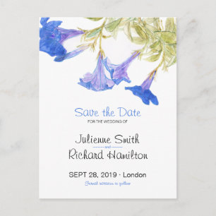 Cartão Postal De Anúncio Rustic Blue Floral Weding Date Postcard