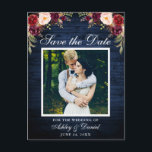 Cartão Postal De Anúncio Rustic Blue Wood Floral Burgundy Salvar a Data<br><div class="desc">Rústica Madeira Azul Salva Cartão Postal De Noivado - Watercolor Burgundy Marsala Floral,  Quadro Branco</div>