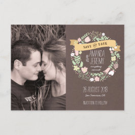Cartão Postal De Anúncio Rustic Boho Flower Wreath Foto para salvar a data