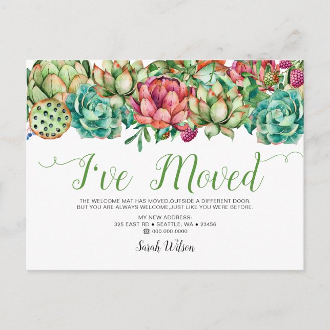 Cartão Postal De Anúncio Rustic Boho Succulent Cactus Eu Mudei-Me (Frente)