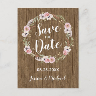 Cartão Postal De Anúncio Rustic Boho Wood Floral Salve o Cartão-Postal