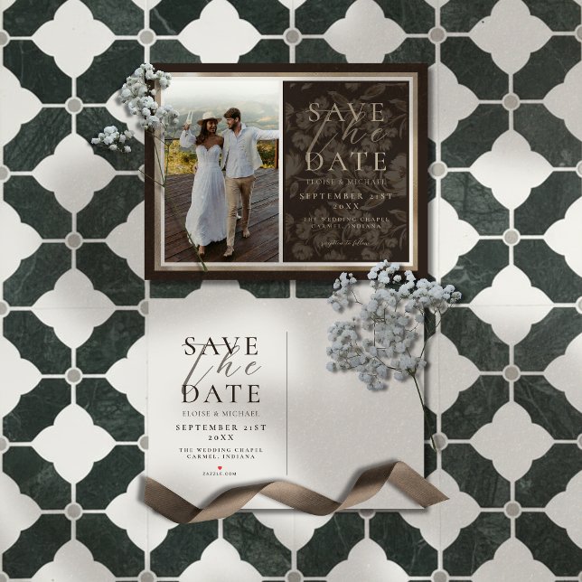 Cartão Postal De Anúncio Rustic Brown Botanical Pattern Photo Wedding (Announce your big day in a sophisticated style with this Rustic Brown Botanical Pattern Photo Card!)