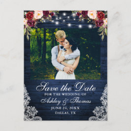 Cartão Postal De Anúncio Rustic Burgundy Floral Blue Wood Luz Lace Foto