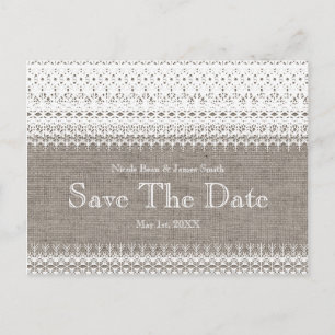 Cartão Postal De Anúncio Rustic Burlap & Elegant Lace Wedding Salvar Data