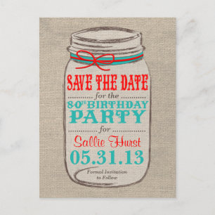 Cartão Postal De Anúncio Rustic Burlap & Mason Jar Birthday Invite - Coral
