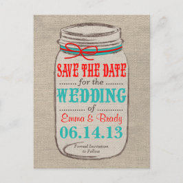 Cartão Postal De Anúncio Rustic Burlap & Mason Jar Salve o Cartão-Postal de