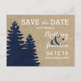 Cartão Postal De Anúncio Rustic Burlap Pine Trees Winter Salvar Data