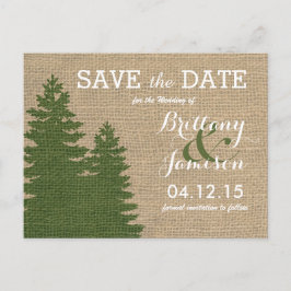 Cartão Postal De Anúncio Rustic Burlap Pine Trees Winter Salvar Data