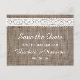 Cartão Postal De Anúncio Rustic Burlap & Vintage White Lace Salvar Data