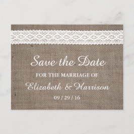 Cartão Postal De Anúncio Rustic Burlap & Vintage White Lace Salvar Data