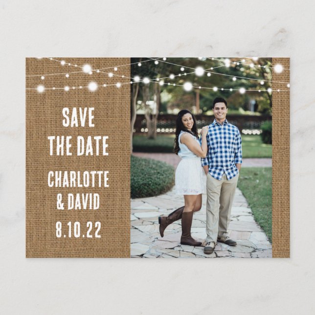 Cartão Postal De Anúncio Rustic Burlap Weding The Date Photo Postcard (Frente)