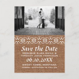 Cartão Postal De Anúncio Rustic Calliographic Faux Burlap Salva a Data